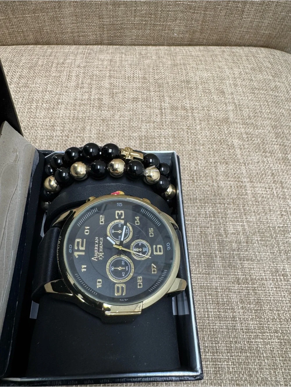 American Exchange Men's Chronograph Analog Watch Gold Tone Black Dial Box